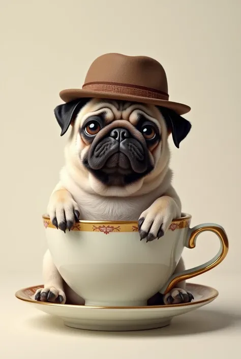 Pug in a teacup with bowler hat