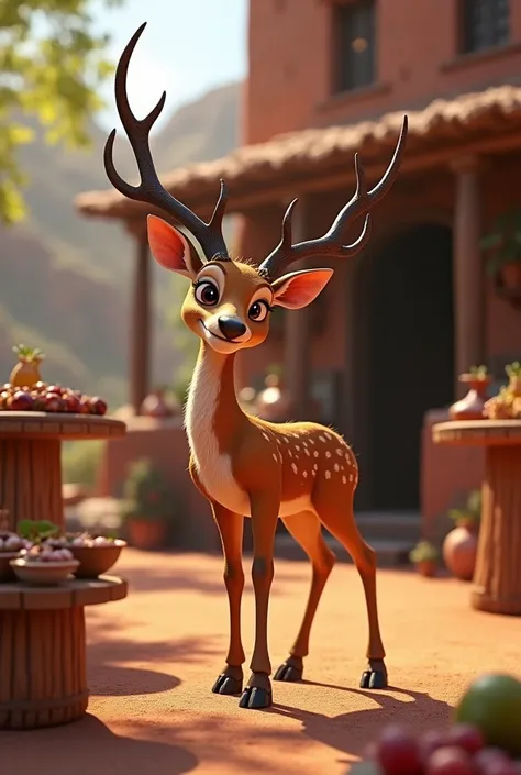 Create the huemul in Disney Pixar version and in the background a ramada from Chile the country , with roast, Typical food from Chile the country and with decoration from Chile the country 