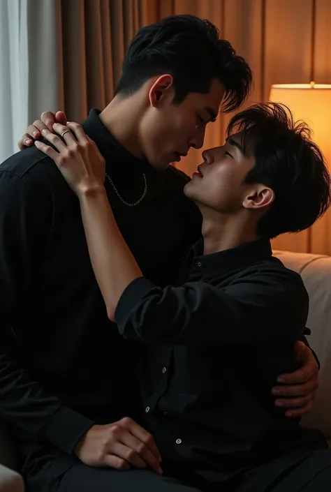 Yoo Joonghyuk sitting on Kim Dokjas lap. Joonghyuks hands are around the others neck. Joonghyuk is wearing black turtleneck, hes tall and muscular, with big chest. Hes embarrassed. Kim Dokja is slightly shorter than Joonghyuk. He wears a black button up an...