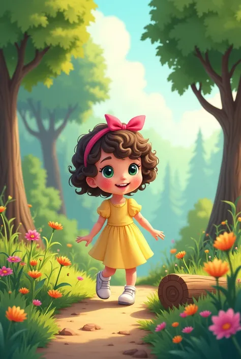 Character: Ellie, a  girl Appearance: Ellie has short, curly brown hair with a pink bow on the side, large curious green eyes, a round face with freckles, and a joyful smile. She wears a light yellow dress with puffed sleeves and white shoes. A cartoon vec...