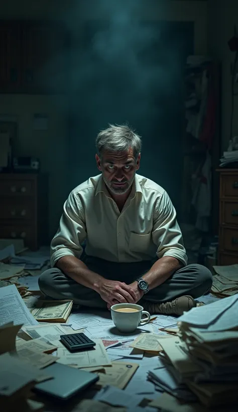 A man sitting in a dark room, with a worried expression, surrounded by piled up papers and bills, symbolizing debts and life challenges. The atmosphere feels heavy, reflecting the pressure of the current situation.