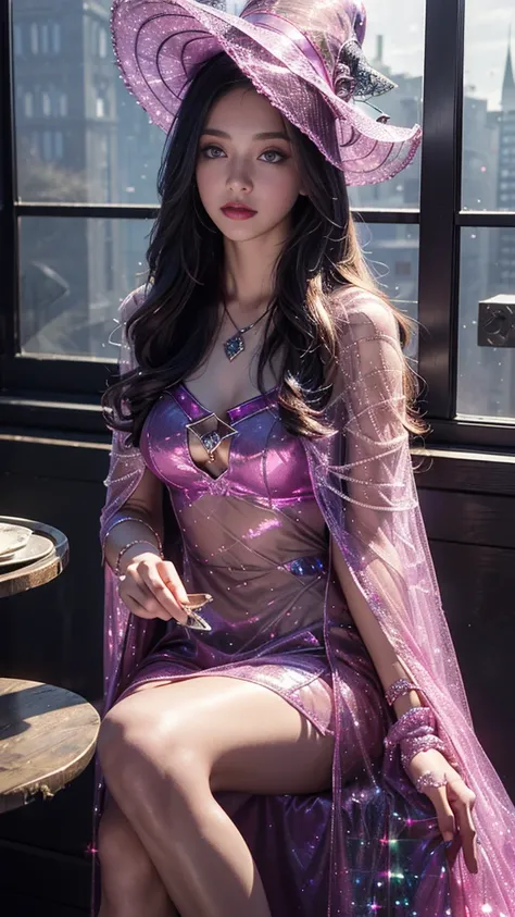 Top quality, masterpiece, ultra high definition, Original photo, 1 Girl, ((mesh sardine)), cinematic lighting, very long hair, wind, necklace, piercing, ((Sorceress clothing)), ((glitter clothing)), ((magenta clothing)), ((detailed clothing)), ((mesh lace)...