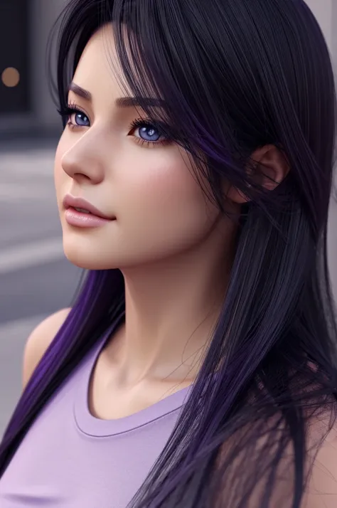 Gorgeous anime woman with long black hair,, purple eyes,, fair skin . Casual clothing. , Realism style. CGI animation. 3D style. 4K anime close up portrait.