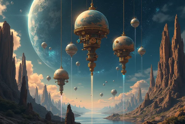 steampunk planets, and galaxies , with a fascinating and brilliant matrix code drop in the background