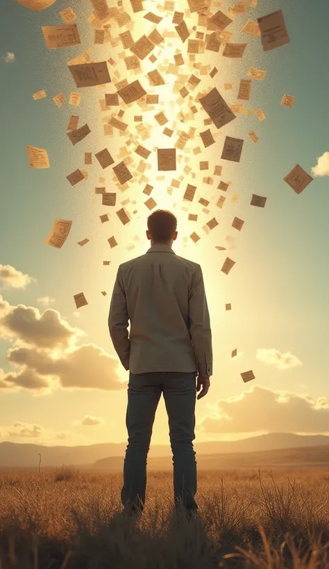 The same man, standing, looking at the horizon with determination. Behind her, papers and bills start to disappear, symbolizing overcoming obstacles and a new perspective for the future.