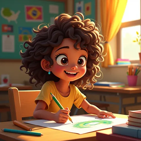 A  Brazilian girl with curly light hair, playing with pencils at school, Disney Pixar Style 