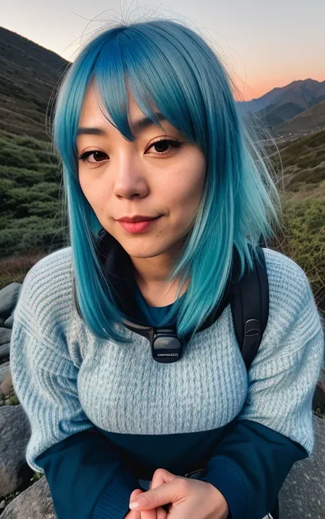 1 Japanese woman, (((blue hair))) ((selfie da parte supeRiur do corpo, happy)), masterpiece, best quality, ultra detailed, Alone, outdoor, (night), mountains, nature, (Stars, moonligh) happy, happy, backpack, sleeping bag, camping stove, water bottle, moun...