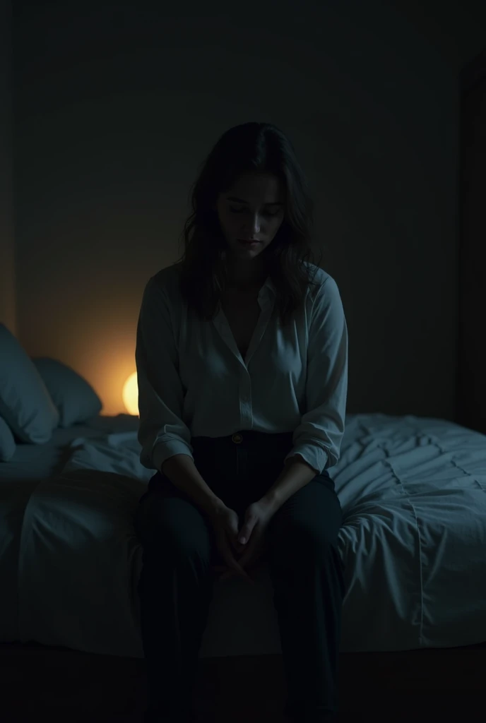 Woman sitting on the bed in a dark room 