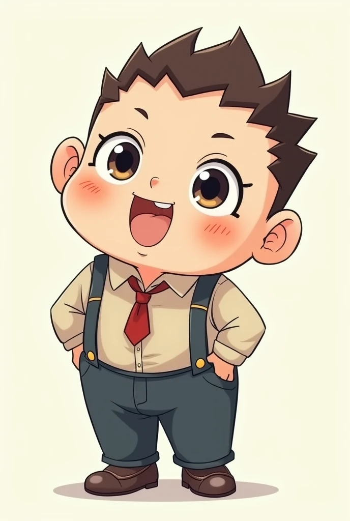 Please create for me a drawing of a schoolboy wearing pants up to his armpits in chibi drawing style