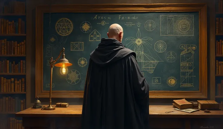 priest studying in front of a blackboard