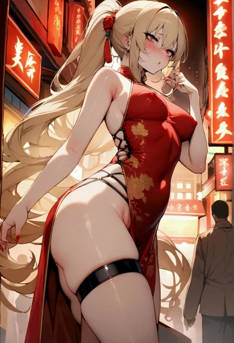 nsfw,masterpiece,best quality,high resolution,very detailed,one girl,blonde,long hair,ponytail,sharp eye,(red chinese dress),thi...