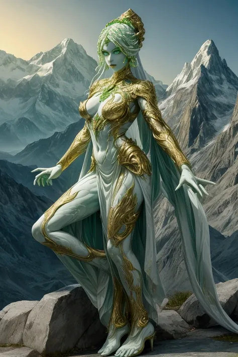 white marble woman, with four arms, with bright green cracks, with illuminated eyes, with golden details, full body, mountain background