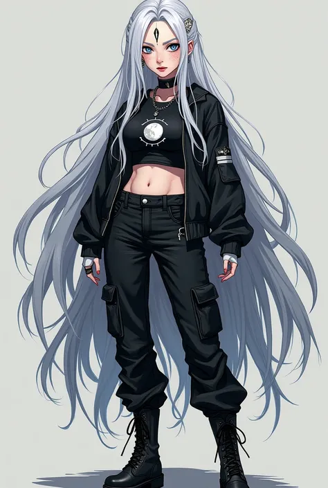 make a woman with long white hair with silver highlights, a silver crescent moon tattoo on the forehead, dark makeup, silver eyes, wearing a black crop top with moon phases, black cargo pants, black combat boots, jacket and white fingerless gloves, freckle...