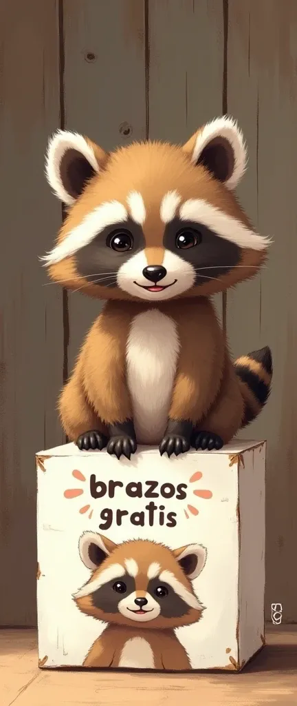 A whimsical and quirky illustration of a proudly a small, felt cute extra fluffy baby realistic raccoon with adorable facial features. sits atop a white box, which showcases a playful graphic of a RACOON and the text "ABRAZOS GRATIS." The overall atmospher...