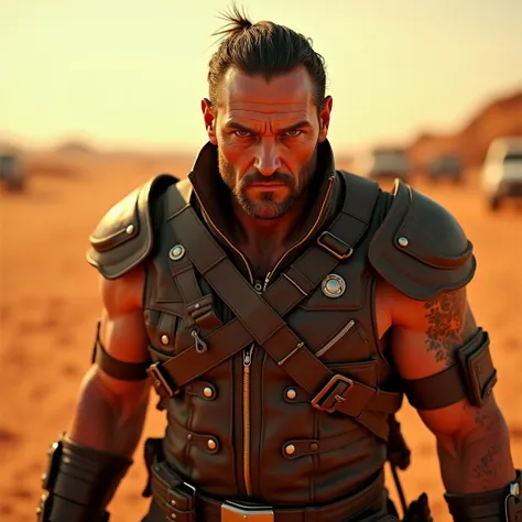 Tom Hardy as Mad Max.He looks at the camera.He is dressed in leather clothes and leather armor.
Against the background of the desert, the post-apocalypse.Red and yellow colors.High detail,8k textures,3D rendering,photorealism