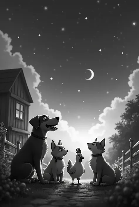 Magical fairy tale style for children. Color gradient:1.5 famous legends of the end ((black and white starry sky:1.4)) There is a dog with a cat and a chicken on the farm celebrating the departure to the big city