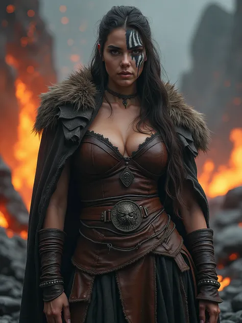 (Masterpiece, Uhd, photorealistic)  volcanic souls  gorgeous woman., age 23. with epic cleavage . Round breast. Northern Viking warrior. Leather. Fur. Perfect hatchet. Black and white War paint.