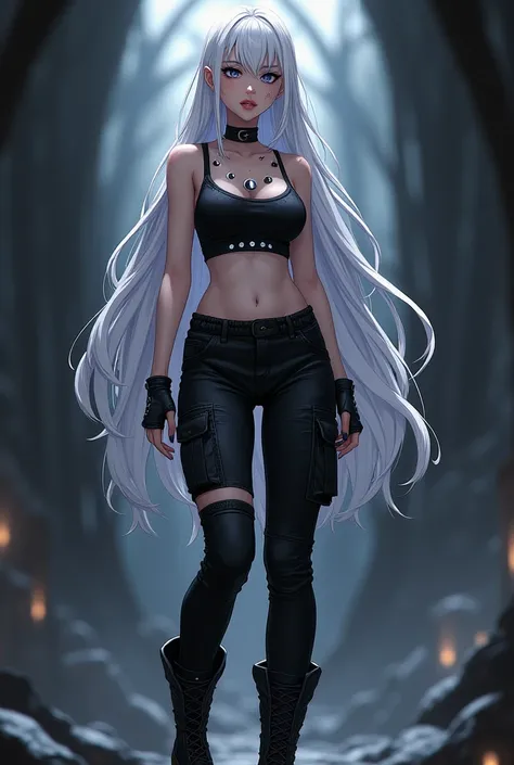 make a woman with long white hair with silver highlights, dark makeup, silver eyes, wearing a black crop top with moon phases, black cargo pants, black combat boots, jacket and white fingerless gloves, freckles, anime style full body image