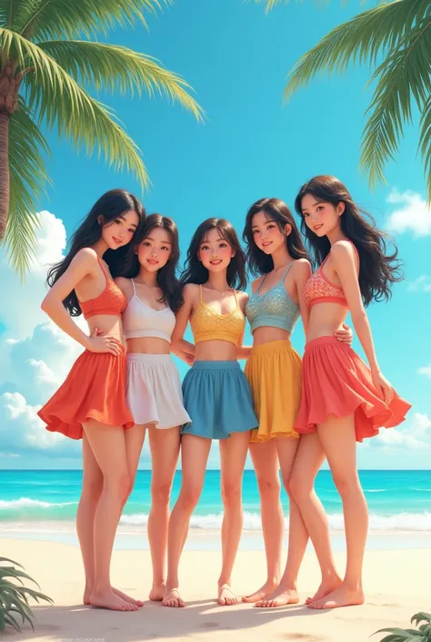 Create 5 Korean girls with the summer beach concept with skirts and bikini 