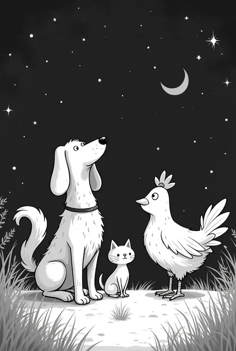 Magical storytelling style for children. black and white:1.5 famous legends of the end ((uncéu estrelado black and white:1.4)) There is a dog with a cat and a chicken on the farm celebrating their departure to the big city.