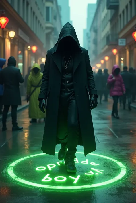 create an image of a person wearing a black hooded coat stepping on the number "5.5.5" and a print on the floor called "OPRIDDE BOY" in neon green color on a dark and gloomy street at an angle seen from above, This person does not show his face but has a f...