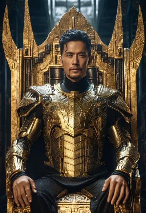 a powerful cybernetic man in a golden throne, extremely detailed and realistic, masterpiece, cinematic lighting, dark gritty atmosphere, epic fantasy, science fiction, dramatic poses, grand scale, intricate details, hyper realistic, sharp focus, volumetric...