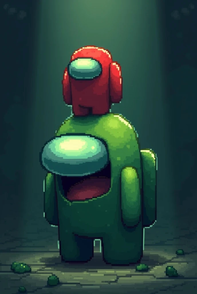 One among us red 2d, from the game, bottomless And a green among us, but the green one is big and has an open mouth and has two tentacles on its back,
Red is on top of green&#39;s head 