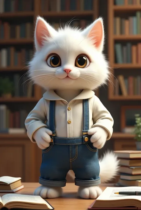 White cat standing on two legs AI cat white cat with clothes same like boy (white shirt and blue jeans) Quick flashes of the young white cat studying hard, reading books, and excelling in school.