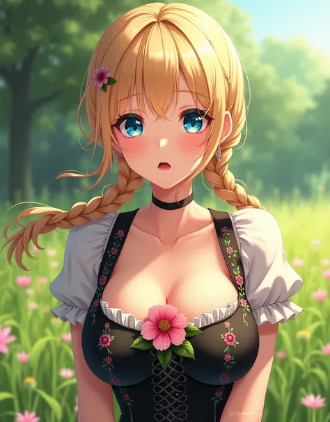 anime woman, blonde hair, blue eyes, pigtails braid, wearing black Dirndl with embroidery, bangs, meadows, surprised face, cute, decolletage, large breasts, flower stuck in-between cleavage, flower coming out from inside cleavage.