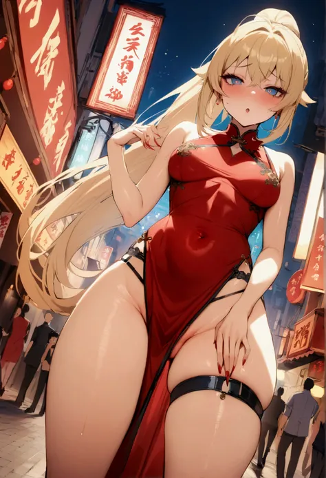 NSFW,masterpiece,Best Quality,High resolution,Very detailed,One girl,Blonde,Long Hair,ponytail,Sharp Eye,(Red Chinese dress),Thigh straps,Multiple straps,Chinatown,Nightlife