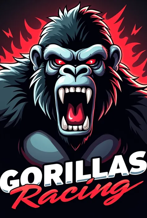 A racing motorcycle logo alluding to an angry gorilla with its mouth open,cormillos,checkered flag red eyes, sports letters that say gorillas racing