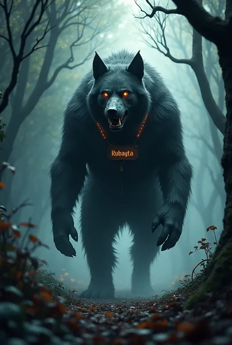 A beast dog walking through a dark forest wearing a name belt. On the belt the name rubayta is written. 