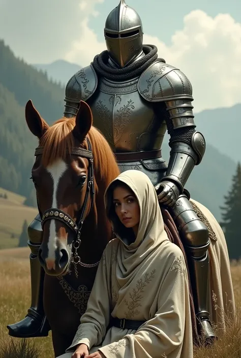 knight in armor on a horse and a girl in a hood sitting on the horse in front of him 