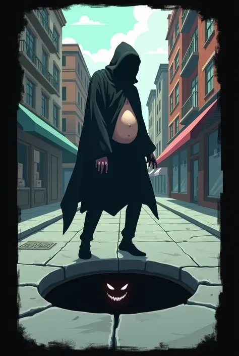 Man in black clothing and black hood falling down with his belly up through a black hole in the shape of a circle with a macabre face with a black border on the sidewalk on the ground during the day in a city, similar to a 2d game in YouTube format 16:9
