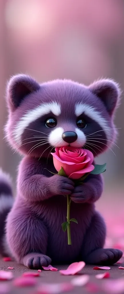 A captivating photograph of a cute extra fluffy realistic baby racoon in a vibrant deep purple hue. It is exquisitely detailed and created with a soft-touch material, and carries in his mouth a rose also of a deep purple hue, symbolizing love and joy. The ...