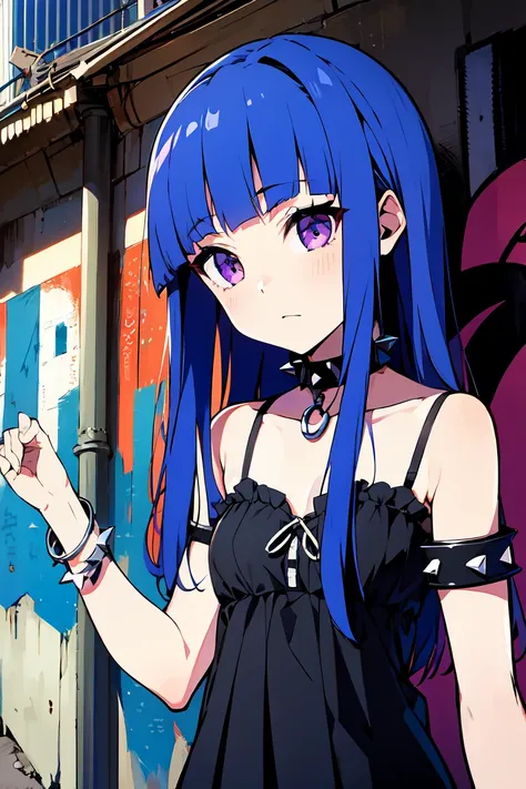 (rika furude), blue hair, purple eyes, long hair, blunt bangs, bangs, １１age, woman, alone, gothic, punk fashion、spiked choker, b...