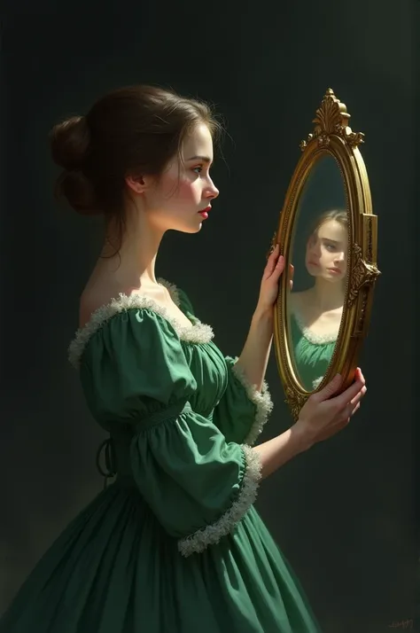 Girl looking at the horizon in a green colonial dress holding a mirror and with a black background