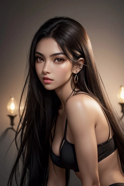 Full-length hyperrealistic photograph of a beautiful girl, , athletic body, black mini short, long black hair, ((light and bright brown eyes)), small earring in right ear, very long eyelashes, sensual lips, provocative and expression, full body 