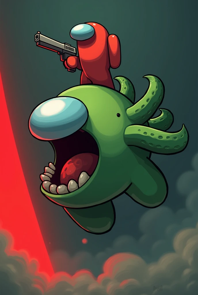 One among us red 2d, bottomless And a green among us, but the green one is bigger and has an open mouth and has two big tentacles on its back,
Red is on top of green&#39;s head, green has a red glow on the left side of the display, the red one is holding a...