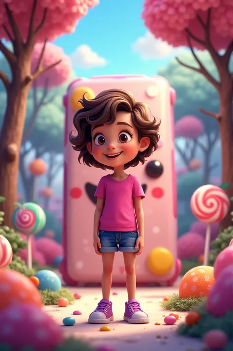 Lily, with short, curly brown hair, a cheerful round face with freckles, wearing a vibrant pink t-shirt, denim shorts, and purple sneakers, standing in front of a gigantic animated candy bar with a smiley face, in a whimsical candy forest, cartoon animatio...