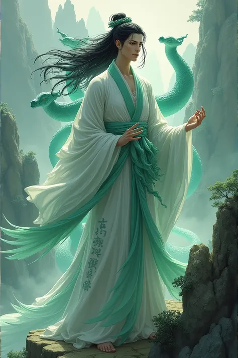 Hydra spirit in human form, white skinned man with black hair, mundo Xinxia