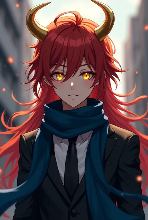 anime young man, with golden horns and yellow eyes, long red hair, with dark blue scarf, with office suit