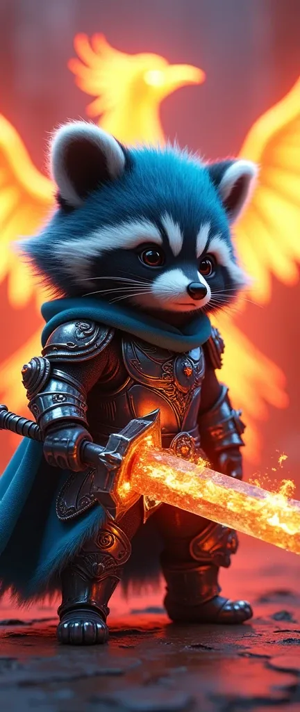 A captivating photograph of a cute extra fluffy baby realistic racoon knight from the Zodiac, the Phoenix Knight. blue hair and is adorned in intricate, chrome armor with a touch of dark makeup. The background is a dramatic scene of a massive, fiery Phoeni...