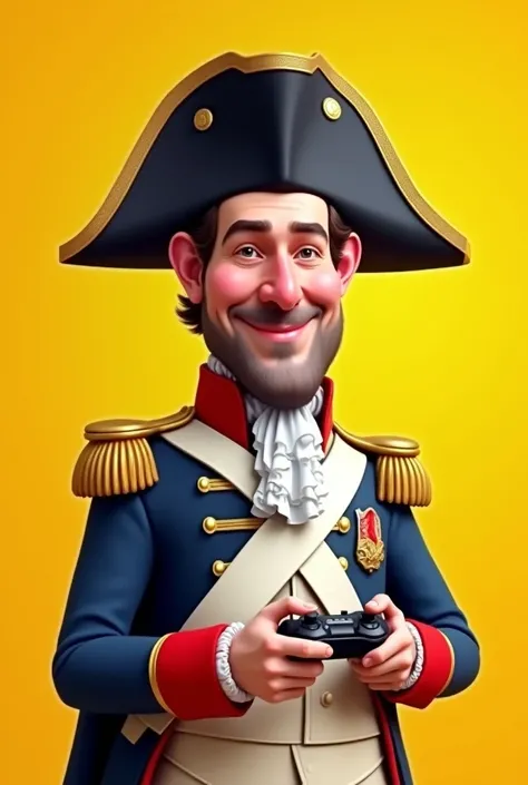 Create me a caricature of Napoleon Bonaparte, wearing his signature hat and using gaming peripherals, yellow background and no facial hair