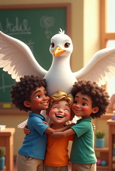 A white seagull with its wings open hugging 3 children@s of different races with standard blue polo, Orange polo shirt and emerald green polo shirt with a classroom background