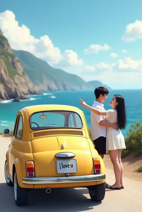 realistic photo, landscape photo showing a slightly overweight couple standing on a beach road with beautiful sea views and rocky cliffs in the background. The couple is seen smiling at the camera. The woman has long, straight black hair and wears a white ...