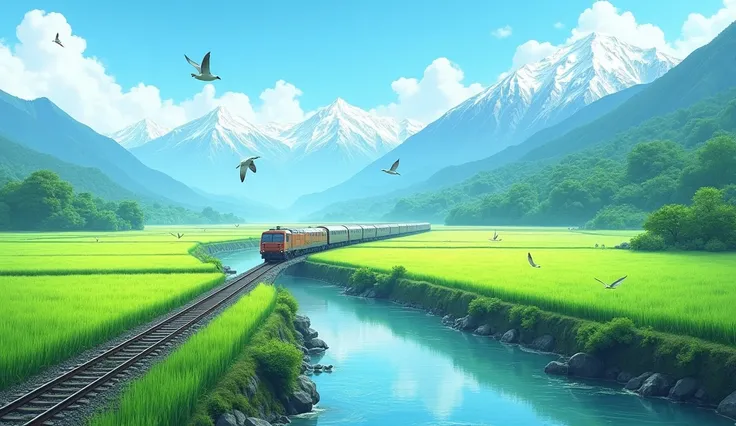 A view of green rice fields. In the middle of the rice fields there are train tracks, and when the train passes, birds fly. Mountain background. There is a river with clear water flowing near the rice fields.