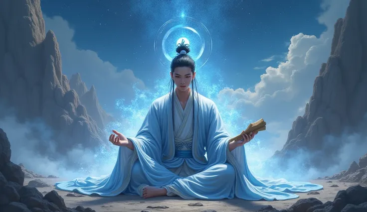 Ji Ning, the prodigious cultivator of the Desolate Era universe, is in a meditation posture in the middle of a mystical landscape. It is surrounded by an environment of imposing mountains and a starry sky that reflects its connection with the Tao.. He wear...