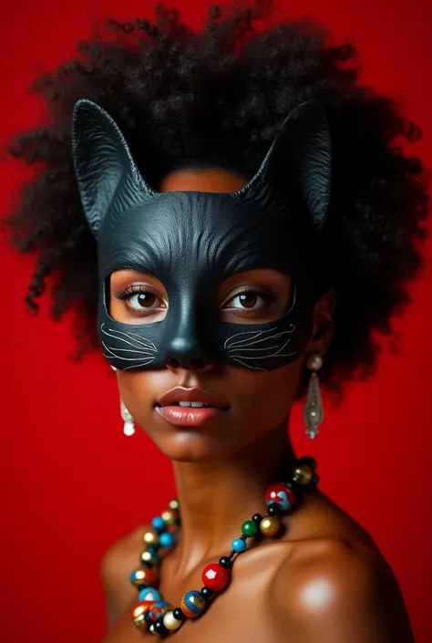 1 woman , 8K rendering, 30 years, afro бусы на шее, stripped image fill, seduction , red background, Comb Over, cat mask, afro, portraitRealistic anatomy, Best quality, in detail, High detail, quality, Very detailed, Retina of the eye, high quality, 