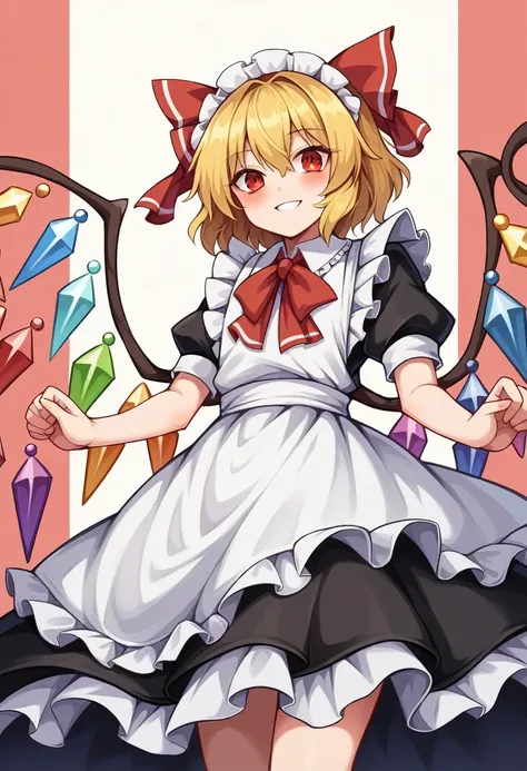 a cartoon picture of a woman in a  dress and a man in a  dress, flandre scarlet from touhou, from touhou,  in dress, touhou character, flandre scarlet, anime cat girl in a maid costume, , zerochan, lolish, flandre scarlet, touhou, zerochan art,

smiling, ,...